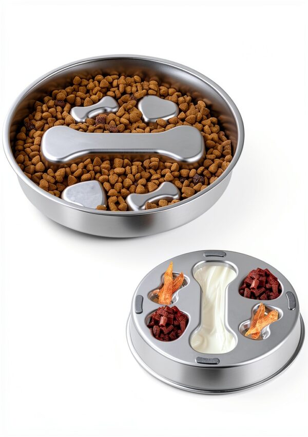 Novery Stainless Steel Dog Slow Feeder Bone Print 2 Cups-4