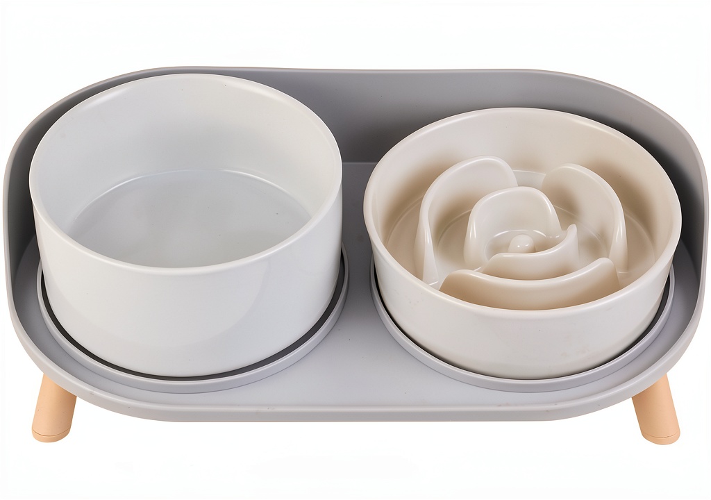 PTOBER Ceramic Slow Feeder Dog Bowl Set with kibble arranged in ridges for slow feeding