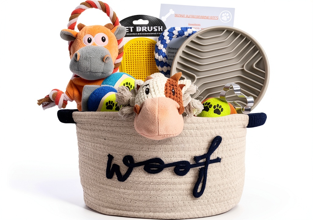 Paws For Reaction Dog Gift Basket with toys and slow feeder bowl in use during a living room play session