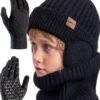Kids Winter Hat Set Knit Fleece Lined Gloves Neck Warmer-0