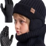 Kids Winter Hat Set Knit Fleece Lined Gloves Neck Warmer-0