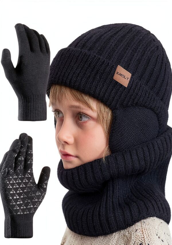 Kids Winter Hat Set Knit Fleece Lined Gloves Neck Warmer-0